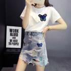 Set: Butterfly Embroidered Short-sleeve T-shirt + Ripped Denim Skirt