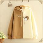 Fleece-lined Lettering Cat Printed Color-block Hoodie Coffee - One Size