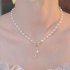Rhinestone Bow Pendant Faux Pearl Necklace 1 Pair - Gold - One Size