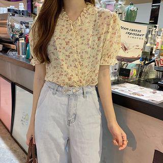 Short-sleeve Frill Trim Floral Blouse As Shown In Figure - One Size