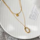 Oval Pendant Layered Stainless Steel Necklace Gold - One Size
