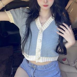 Short-sleeve Contrast Trim Cropped Cardigan Blue - One Size