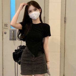 Short-sleeve Asymmetrical Drawstring T-shirt