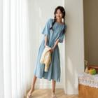 Pocket-side Shirred Long Denim Dress Light Blue - One Size
