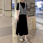 Short-sleeve Knit Midi Dress / Gingham Vest
