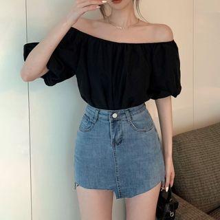 Short-sleeve Off-shoulder Blouse / Asymmetrical Denim Mini Pencil Skirt