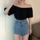 Short-sleeve Off-shoulder Blouse / Asymmetrical Denim Mini Pencil Skirt