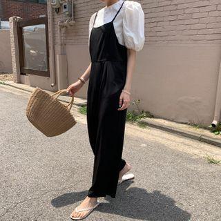 Set: Puff-sleeve Top + Spaghetti-strap Jumpsuit Black - One Size