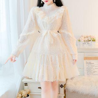 Long-sleeve Stand Collar Lace-trim Furry A-line Dress