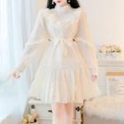 Long-sleeve Stand Collar Lace-trim Furry A-line Dress