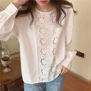Long-sleeve Eyelet Panel Blouse White - One Size