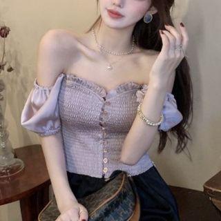 Puff-sleeve Off-shoulder Ruffled Top Purplish Pink - One Size