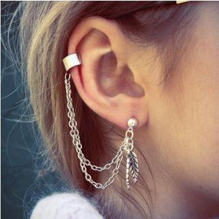 Leaf & Chain Cuff Earring 1 Pair - Silver - One Size