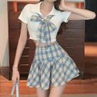Collared Crop Top With Necktie / Plaid Mini A-line Skirt