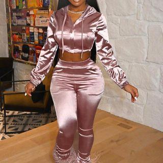 Set: Long-sleeve Hooded Crop Top + Skinny Pants