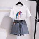 Elbow-sleeve Rainbow Print T-shirt / Distressed Denim Shorts / Set