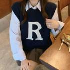 Lettering Sweater Vest Navy Blue - One Size