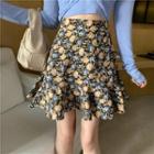 Long-sleeve Knotted Top / Spaghetti Strap Top / Floral Print A-line Mini Skirt