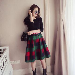 Set: Plain Long-sleeve Top + Check A-line Skirt
