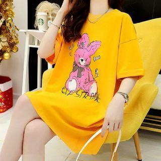 Elbow-sleeve Ribbon Mini T-shirt Dress