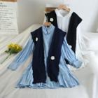 Set: Long-sleeve Mini A-line Dress + Cable-knit Vest