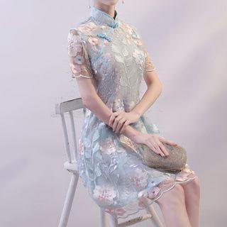 Short-sleeve Lace Panel Qipao Dress
