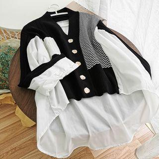 Long-sleeve Buttoned Irregular Knit Panel Top As Shown In Figure - One Size