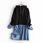 Denim Panel Hoodie Dress Black & Blue - One Size