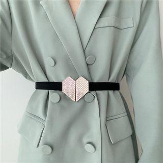 Heart Rhinestone Elastic Belt Black - One Size