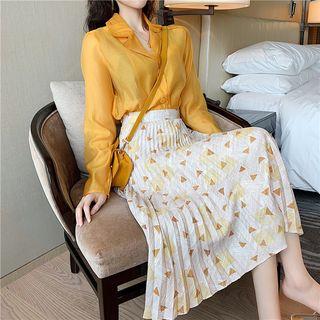 Long-sleeve Shirt / Patterned A-line Midi Pleated Skirt