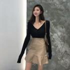 V-neck Long-sleeve Top / Ruffle Hem A-line Skirt