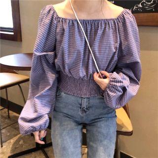 Check Off-shoulder Long-sleeve Blouse Purple - One Size