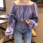 Check Off-shoulder Long-sleeve Blouse Purple - One Size