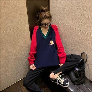Embroidered Contrast Trim Sweater / Knit Cropped Harem Pants