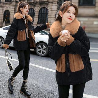 Faux Fur Panel Zip Denim Jacket