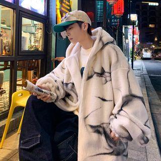 Long Sleeve Marble Pattern Fleeced Lambswool Hooded Jacket