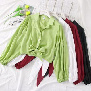 Ribbon-hem V-neck Shirt