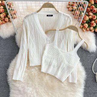 Set: V-neck Cable Knit Cardigan + Camisole