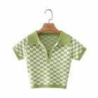 Short-sleeve Open-collar Checkered Cropped Knit Top Green - One Size