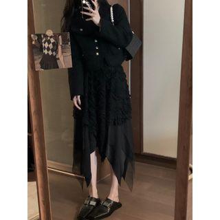 Distressed Irregular Mesh Midi A-line Skirt Black - One Size