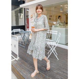 Frill-hem Tie-front Floral Midi Dress