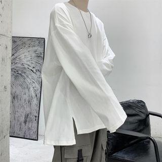 Long-sleeve Plain Slit-side T-shirt