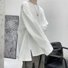 Long-sleeve Plain Slit-side T-shirt