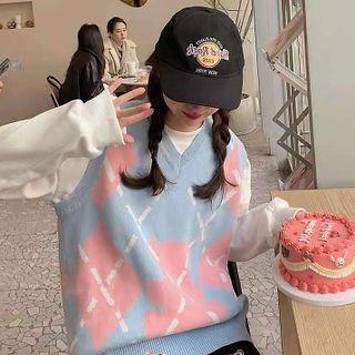 Knit V-neck Vest Blue & Pink - One Size