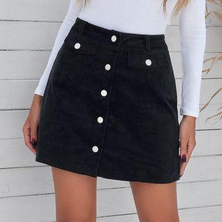 Corduroy High-waist Button-up A-line Semi Skirt