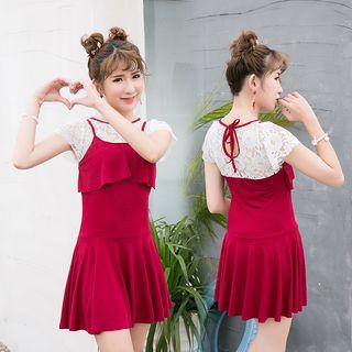 Lace Panel Ruffle Swim Dress