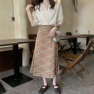 Elbow-sleeve Lace Trim Top / Floral A-line Skirt