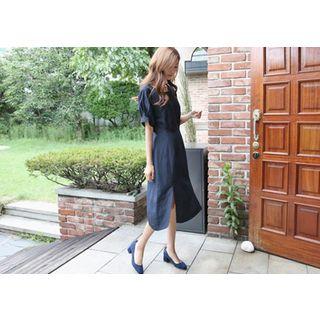 Puff-sleeve Slit-hem A-line Dress