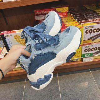 Washed Denim Panel Low-top Hidden Wedge Sneakers