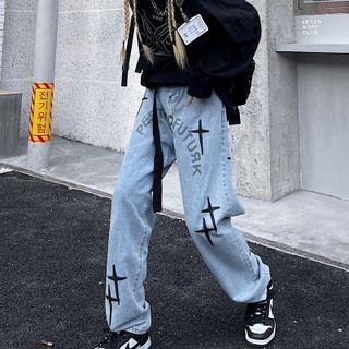 Couple Matching Lettering Straight Leg Jeans